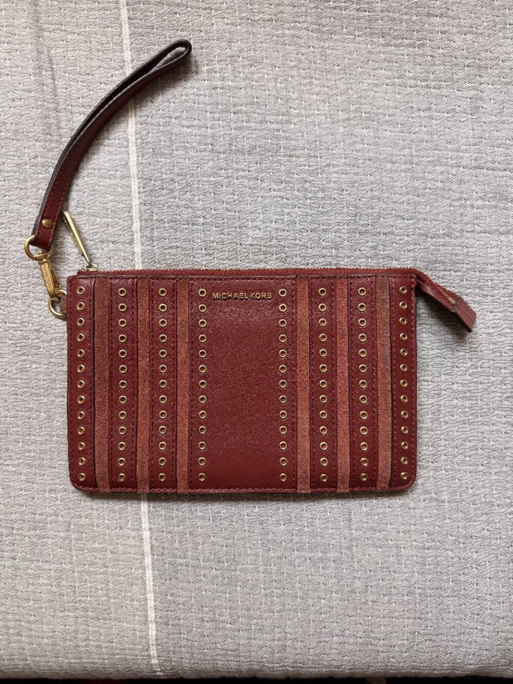 Michael Kors Leather & Suede Rivet Wristlet Clutch Pouch Brown Gold Studs